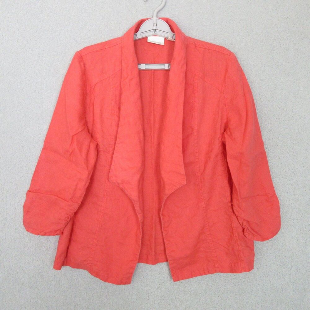 CHICOS Linen Jacket Women 2 Coral Open Front Drape Collar 3/4 Sleeve Lightweight